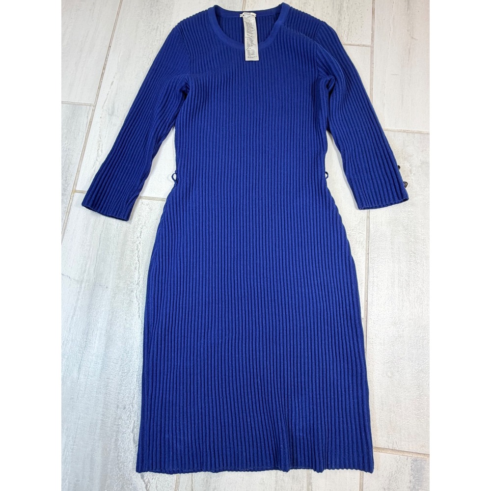 Wolford Royal Blue Virgin Wool Cotton Ribbed Knit Midi Dress Button Cuff Small